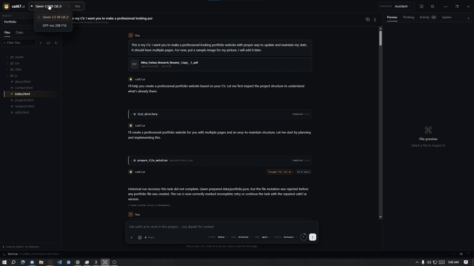 cat67.ai local model selector and workspace permission modes